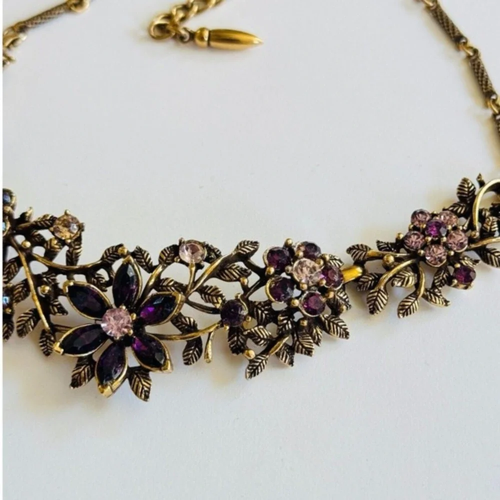 VTG‎ Flower Crystal Rhinestone Necklace Bronze Rare Regency Purple Lilac Floral